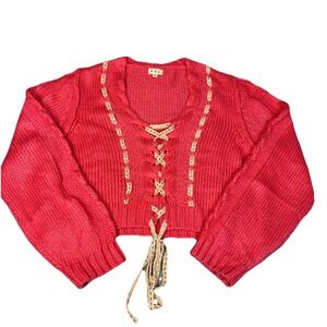 POL Pink V Neck Cable Knit Pullover Cropped Sweater Lace Up Size Medium Boho